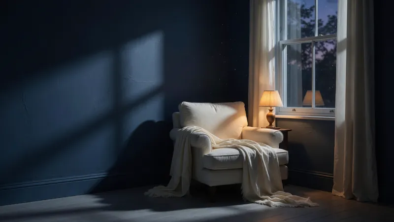 Empty armchair by a moonlit window with a warm lamp and ivory throw blanket
