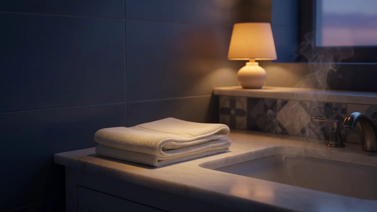 Softly lit bathroom counter at dusk with a folded ivory towel and dimmed warm lamp