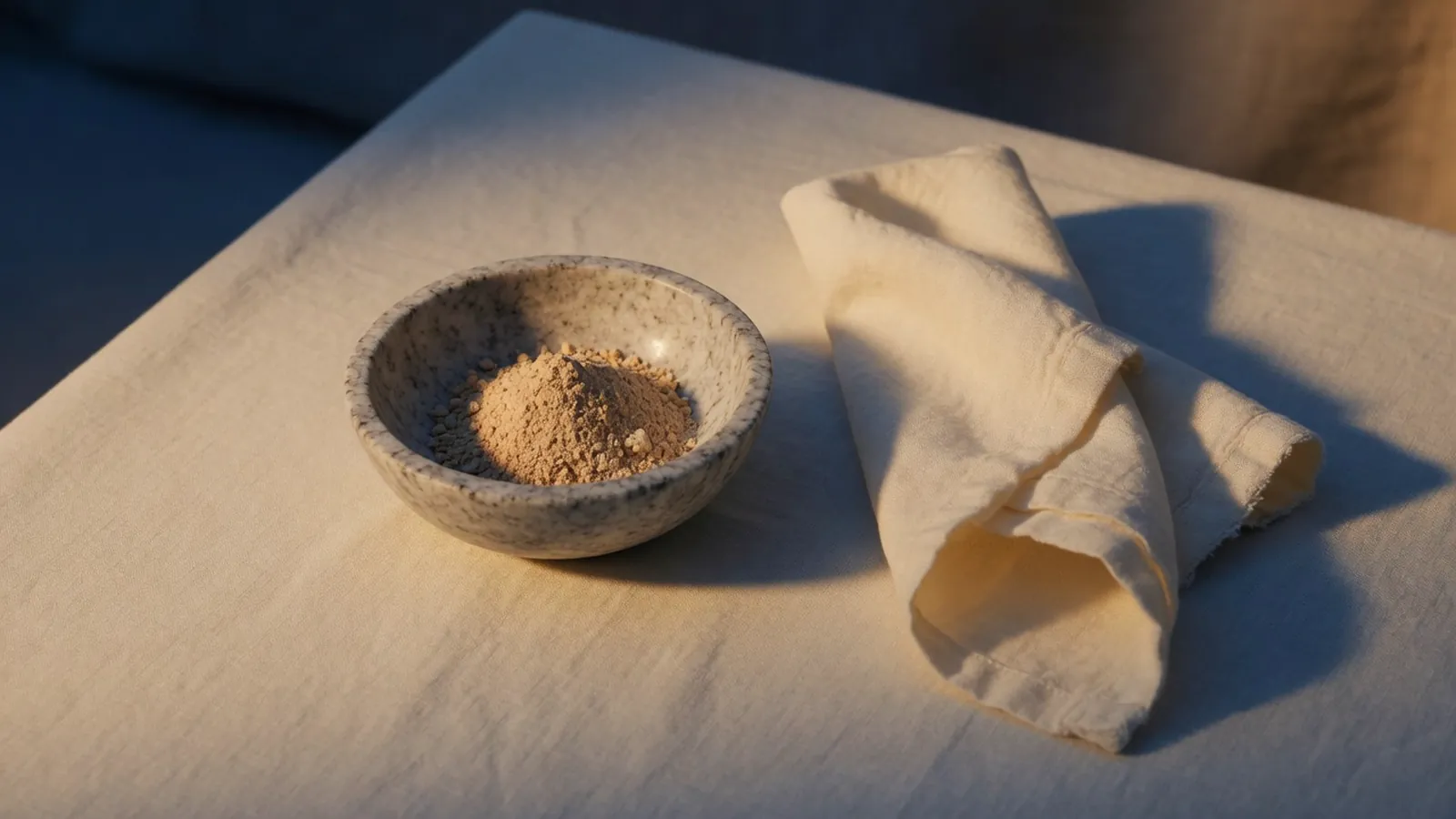 Small stone bowl of dried root powder beside a folded linen napkin in warm light