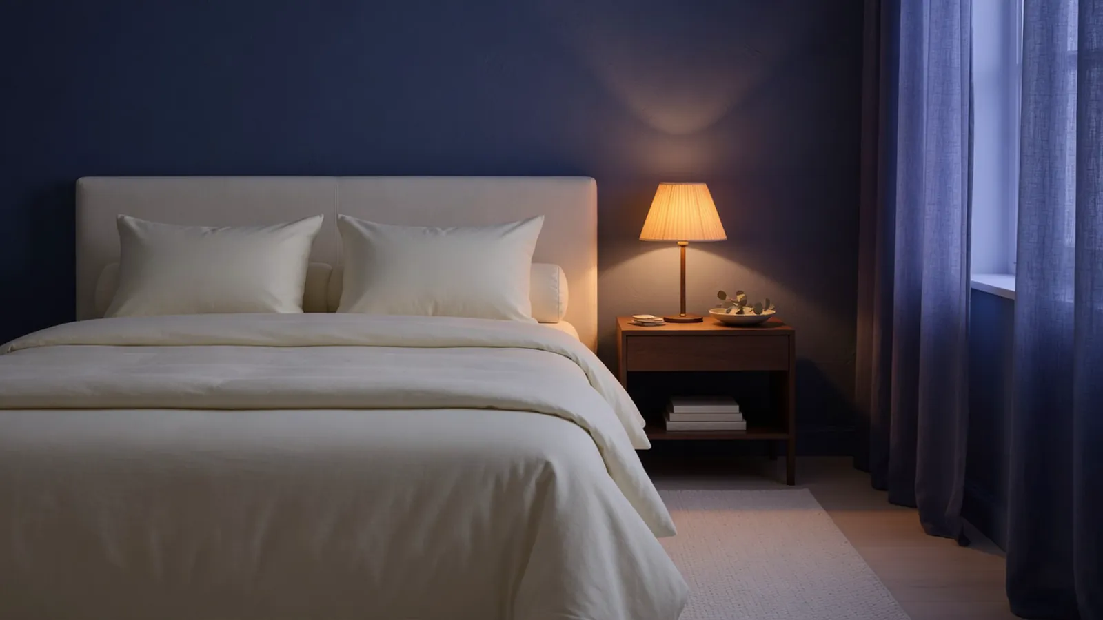 Neatly made ivory bed glowing under a warm amber lamp in navy evening light