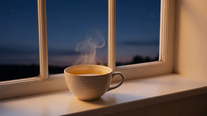 Ceramic teacup of pale golden chamomile tea steaming on a dusk windowsill