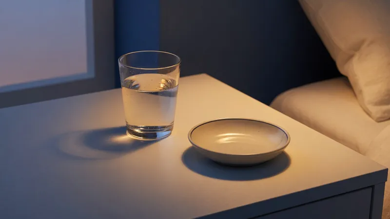 Glass of water and empty ceramic dish on a nightstand at dusk