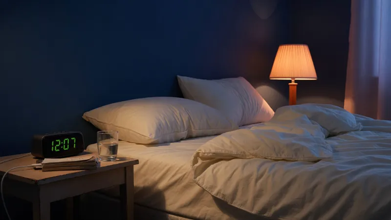Dim nightstand clock glowing in a navy bedroom with warm amber lamplight at midnight