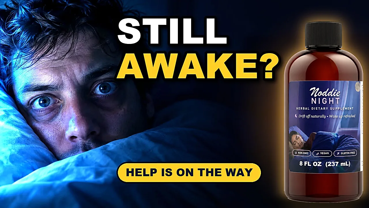 A man lying wide awake in bed in cold blue light, the words Still awake? and Help is on the way, and a bottle of Noddie Night glowing warmly on the right.