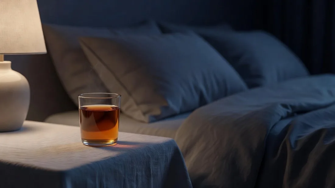 A small glass of amber Noddie Night on a bedside table next to a lamp, beside a bed made with blue linen.