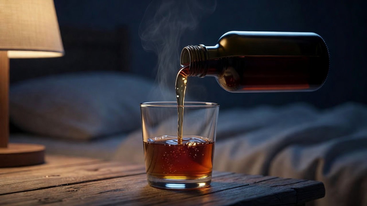 Warm amber Noddie Night elixir being poured into a glass at a bedside