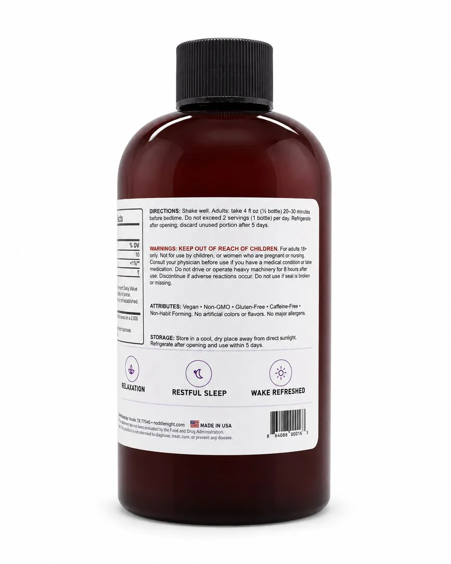 Back label of the Noddie Night bottle, with directions, warnings, attributes and storage instructions.