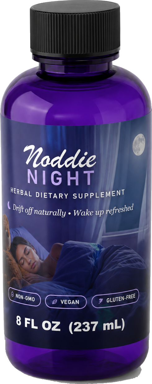 A bottle of Noddie Night herbal sleep elixir