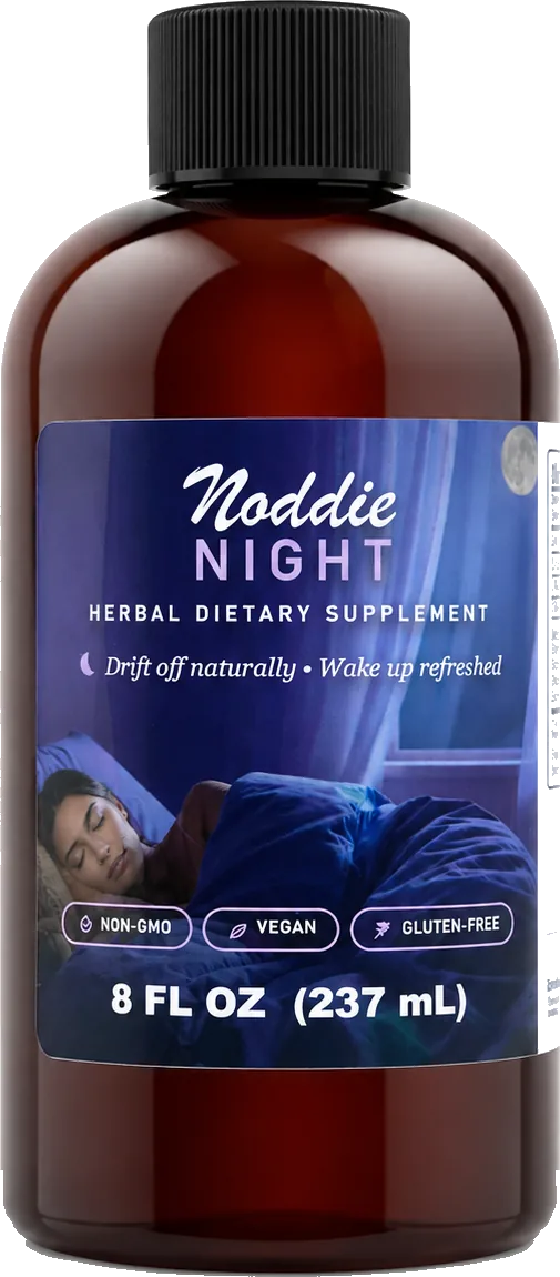 Noddie Night: an 8 fl oz amber bottle with a black cap and a deep-blue label that reads Herbal Dietary Supplement.