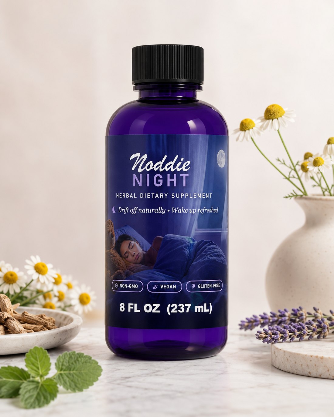 Noddie Night bottle with chamomile, lavender and calming botanicals