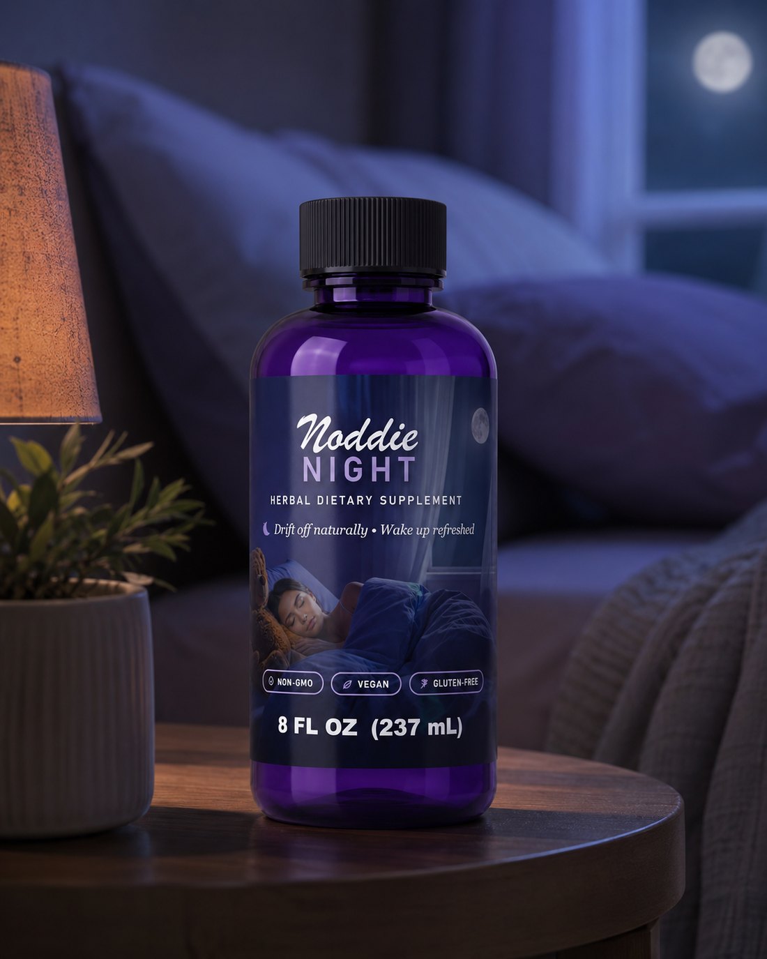 A bottle of Noddie Night resting on a bedside table at night