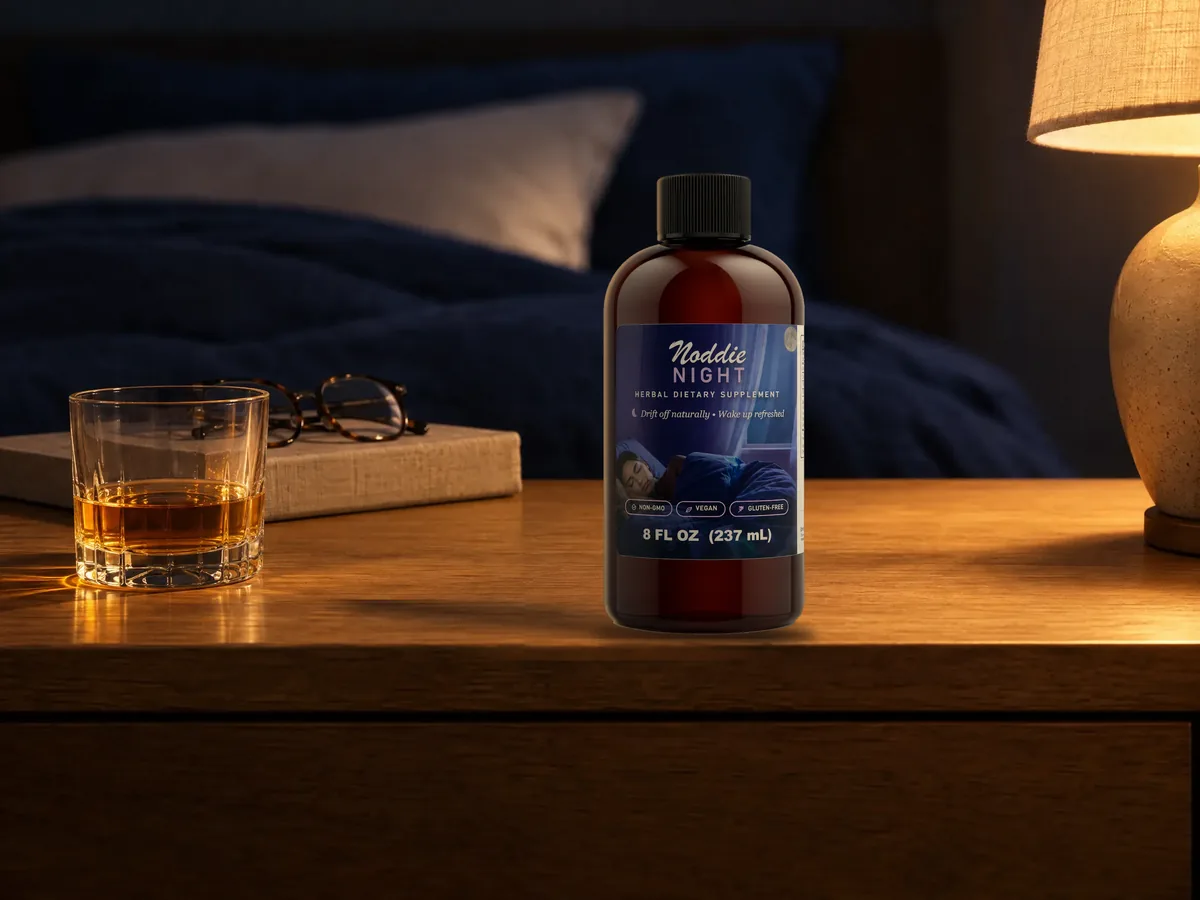 A bottle of Noddie Night on an oak bedside table under a warm lamp, next to a poured glass, a closed book and reading glasses, with navy bedding behind.
